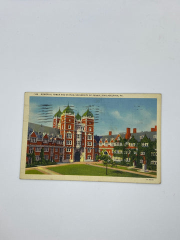 Memorial Tower and Statue University of Pennsylvania Postcard 1930's era UPenn