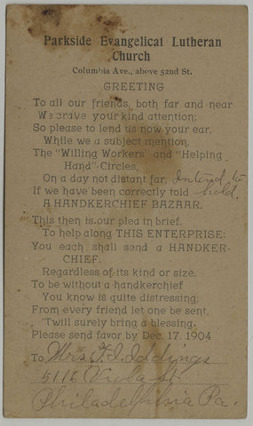 1904 Parkside Evangelical Lutheran Church Postcard